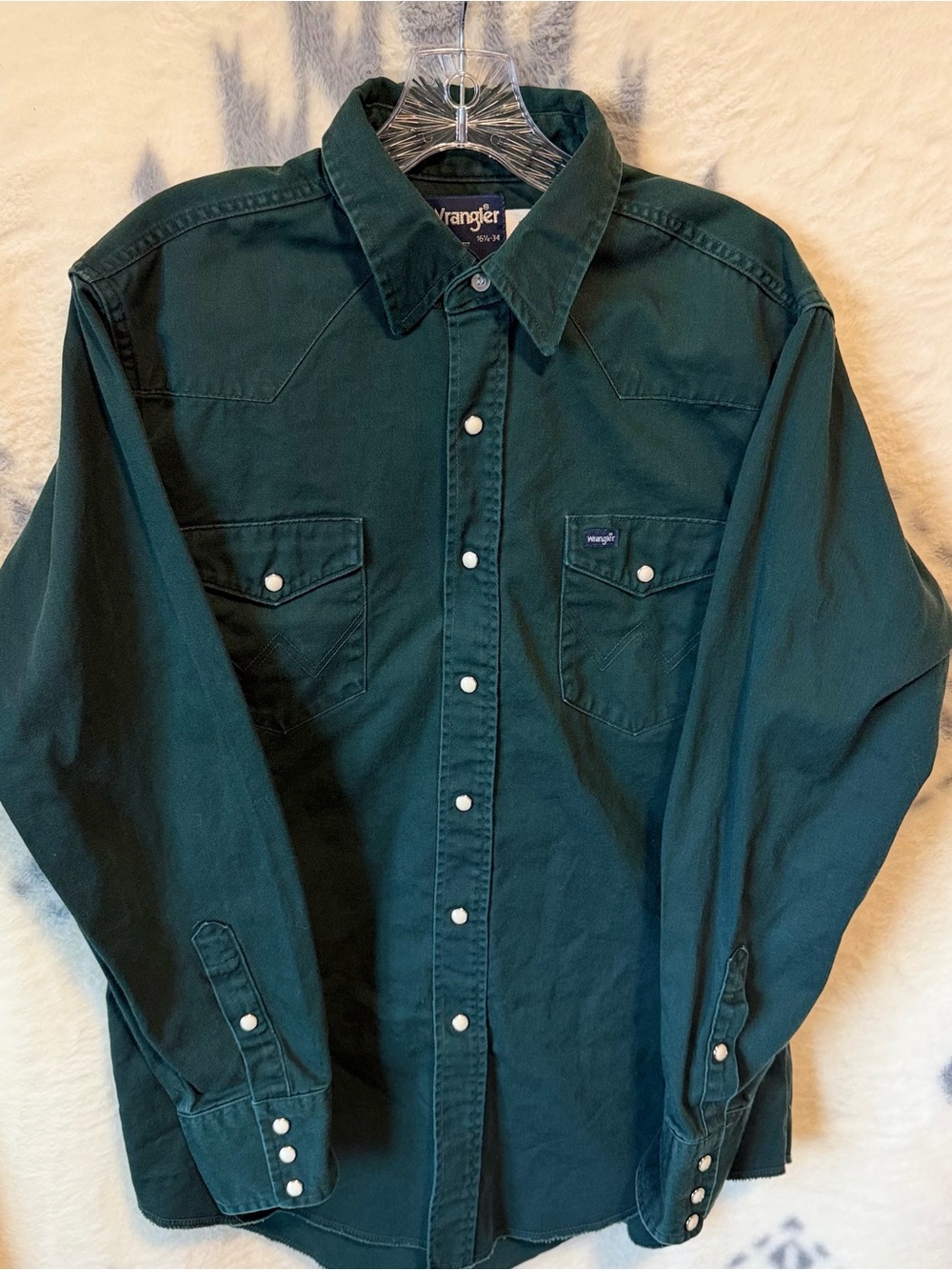 Vintage 90s Wrangler Mens Green Western Pearl Snap Shirt Cowboy 16 1/2 - 34